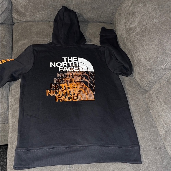 The North Face Charcoal Hoodie with Vibrant Orange Sleeve Design - Picture 7 of 14